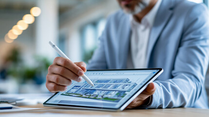 Fototapeta premium Faceless architect using stylus on tablet displaying 3D building model in professional office setting, architectural design concept, BIM photography, blurred office background,