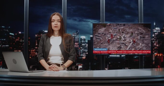 Seasoned Female Broadcast Journalist in Studio, Providing Narration For Visual Segment. Screen Shows Continuous Feed of Rescue Personnel Sorting Through Pile of Rubble From Collapsed Structure.