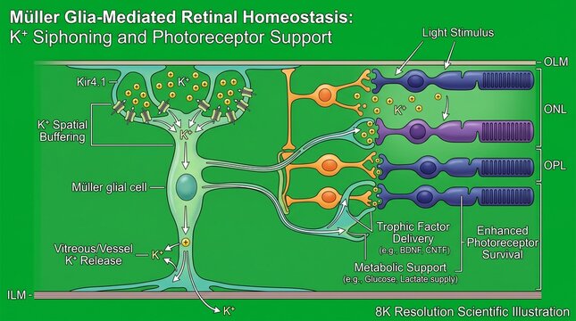 Detailed Medical Illustration of Retina Cell Structure and Neurotransmitter Support Diagram