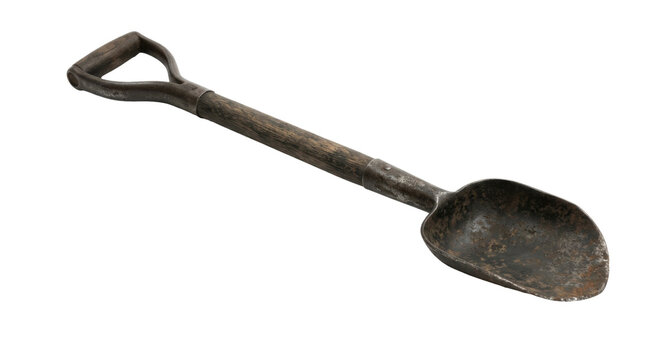 Rusty old shovel with worn handle and triangular grip