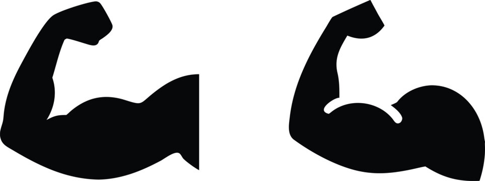 Human arm showing strong biceps muscle silhouette icons isolated on transparent background for fitness graphic set.
