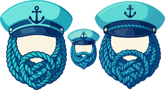 Nautical sailor beard icons, anchor captain beards, rope facial hair, vector illustrations, blue marine themed beards