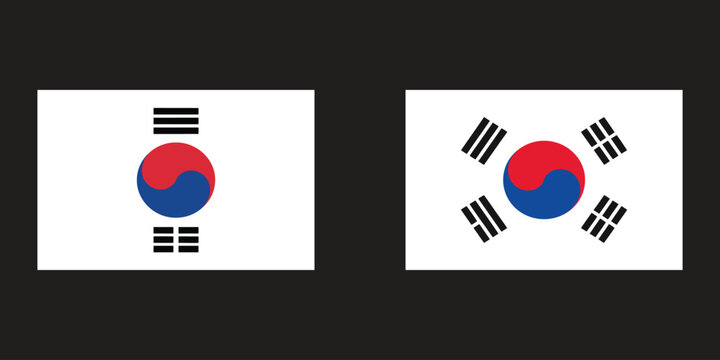 Set of south korean flag variations showing historical or stylized emblem designs for national identity and cultural symbols.