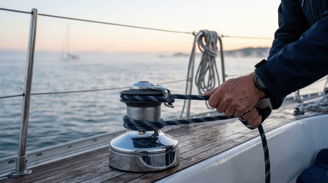 Sailor's hands operate winch on sailboat deck during misty morning voyage