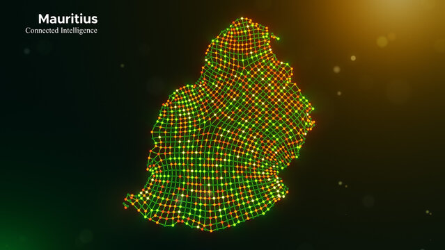 Mauritius connected intelligence concept featuring a digital node network map and modern typography on a vibrant green yellow orange technology background with glowing bokeh lights.