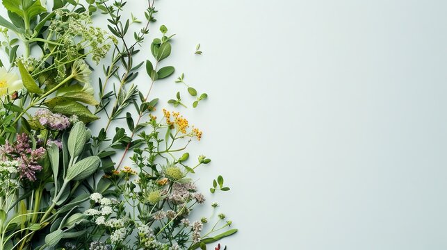 Fresh Medicinal Herbs and Wildflowers on Light Background with Copy Space &ndash; Natural Botanical Flat Lay