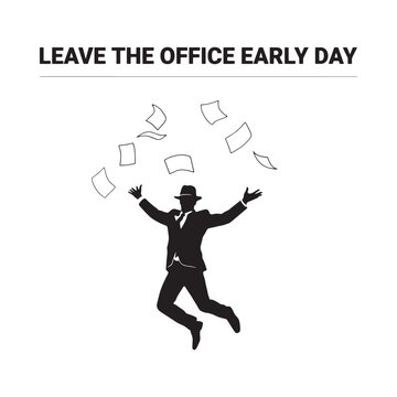 Jumping businessman silhouette with flying papers white background illustration