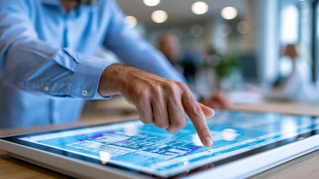 Faceless architect interacting with building information modeling software using digital touchscreen table, BIM design concept, architectural technology photography, blurred