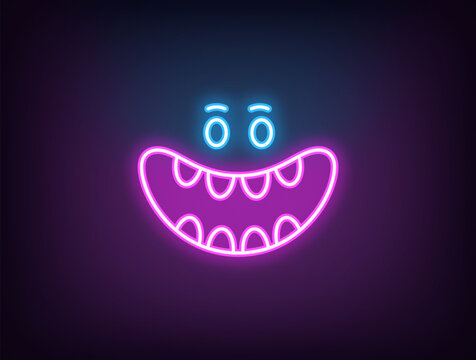 Outline neon laugh mouth, magenta blue. Neon cute monster face with laughing mouth, haha expression. Laughter emoticon, crazy smile, funny joke, comic emoji, monster giggle. Vector