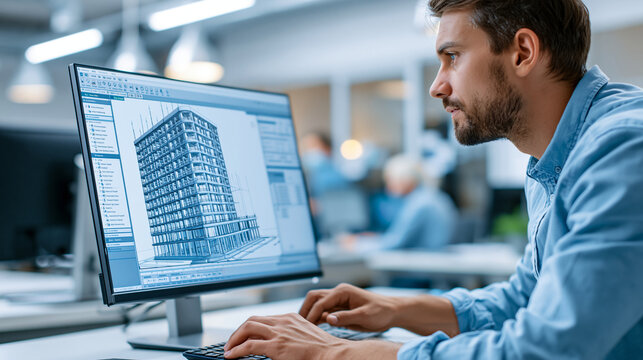 Faceless engineer examining digital twin construction project using BIM software for high-rise building plan on large screen monitor, advanced 3D modeling concept, technology