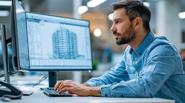 Faceless engineer examining digital twin construction project using BIM software for high-rise building plan on large screen monitor, advanced 3D modeling concept, technology