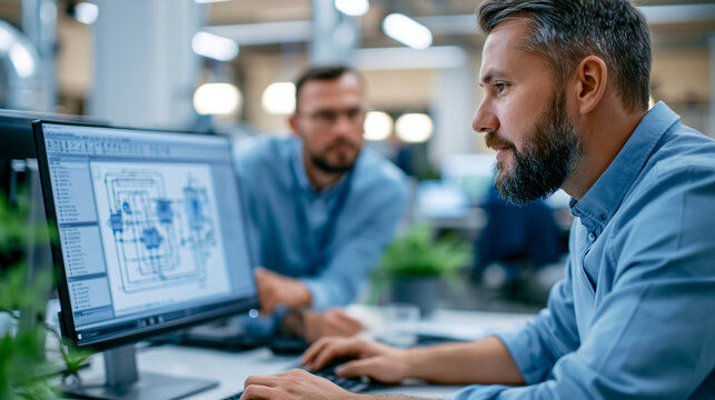 Faceless MEP engineers coordinating complex building systems using 3D modeling software and clash detection algorithms, mechanical electrical plumbing coordination concept,