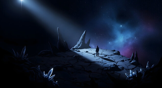Lone explorer standing on alien planet surface