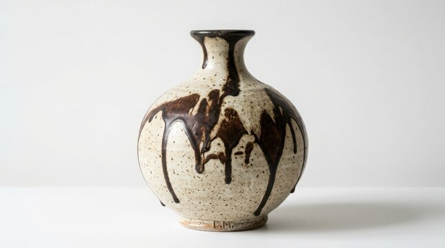 A small handmade ceramic vase with a round shape and a brown drip glaze pattern on a textured cream colored pottery surface