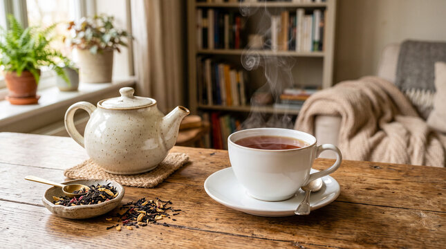 Mockup ultra realista de una taza de porcelana blanca con t&eacute; caliente y delicado vapor, colocada sobre una mesa de madera junto a una tetera de cer&aacute;mica y hojas secas. Fondo desenfocado.