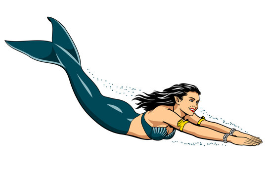 Cute Swimming Mermaid. Color vector clipart isolated on white.