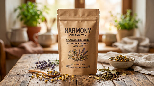 Mockup hiperrealista de una bolsa doypack kraft con cierre zip para t&eacute; ecol&oacute;gico, rodeada de hojas secas, flores de manzanilla y lavanda sobre una mesa de madera. Fondo natural desenfocado.