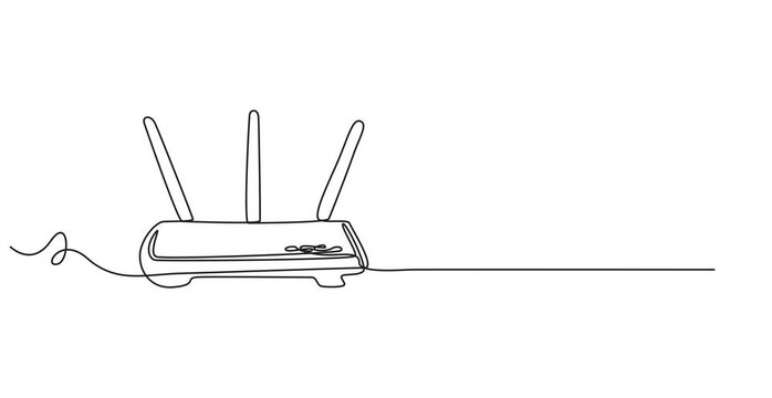 wireless router with two antennas and a power cable animation continuous one line drawing, router animation continuous one line drawing, depicting network connectivity and digital communication in on.