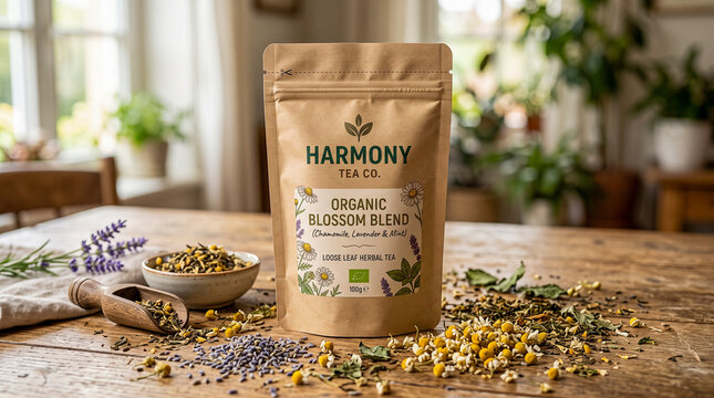 Mockup hiperrealista de una bolsa doypack kraft con cierre zip para t&eacute; ecol&oacute;gico, rodeada de hojas secas, flores de manzanilla y lavanda sobre una mesa de madera. Fondo natural desenfocado.