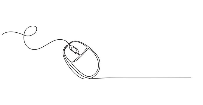 Self animated continuous one line drawing of computer mouse. Full length one line 4k animation video,  Computer optical mouse tool one line art animation, hand drawn input office device, idea laptop.