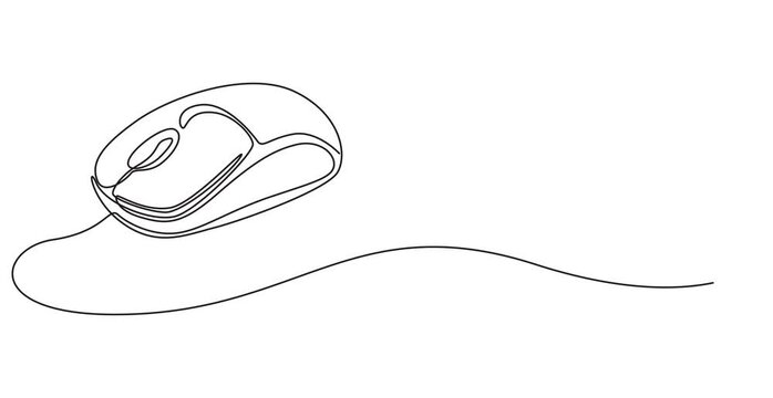 Self animated continuous one line drawing of computer mouse. Full length one line 4k animation video,  Computer optical mouse tool one line art animation, hand drawn input office device, idea laptop.