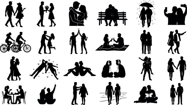 Set of romantic couple silhouettes in various activities