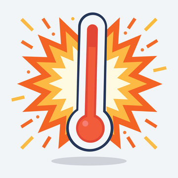 Thermometer on Fire: An illustration of a thermometer with its red liquid rising high against a burst of orange and yellow energy, symbolizing extreme heat or a critical level.