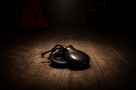 Single pair of traditional castanets on Flamenco stage floor under dramatic spotlight.