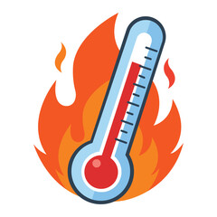 Thermometer on Fire: A laboratory thermometer with a red fluid column, indicating extreme heat, is engulfed in vibrant orange flames, symbolizing high temperature or crisis.