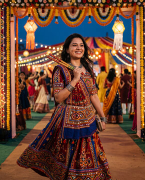 Indian Woman in Traditional Dress Celebrates Navratri Festival