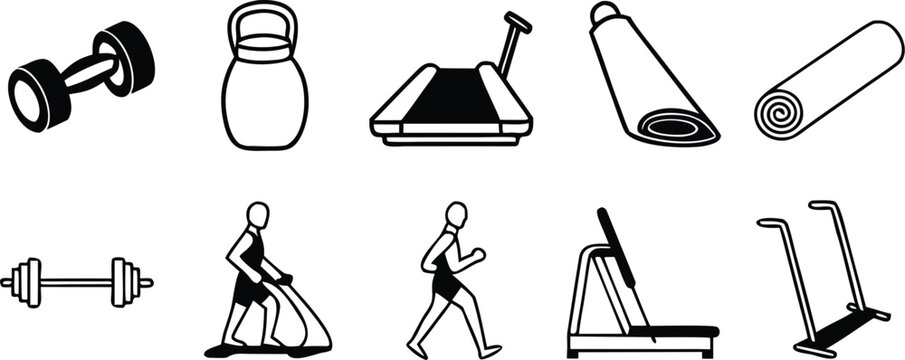 Fitness and gym equipment set featuring dumbbells, treadmill, and exercise mat on a white background, linear