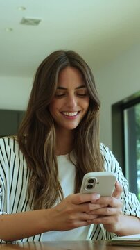Beautiful young businesswoman with long hair smiling while texting on her smartphone at a desk in a modern office, enjoying a pleasant conversation and browsing social media content