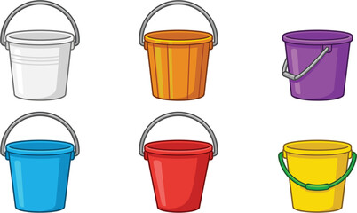 Colorful plastic buckets vector illustration set featuring multi colored pails with handles isolated on a white background © Dulal creation 