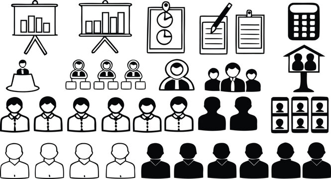 Collection of black and white line business featuring charts, people, teams, calculators, and office documents on a white background
