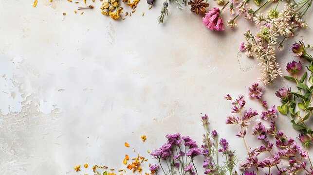 Wildflower Floral Frame on Light Textured Background with Copy Space &ndash; Botanical Flat Lay Border