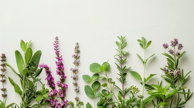 Fresh Medicinal and Aromatic Herbs on Light Background with Copy Space, Flat Lay