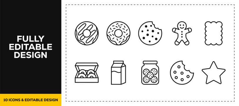 flat vector illustration line art icon bundle set design featuring delicious sweet snacks baked chocolate cookies gingerbread men donuts and bakery dessert graphic menus ui