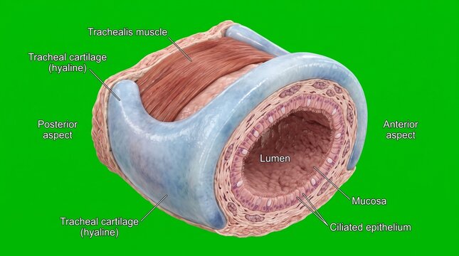 Detailed anatomical illustration of human tracheal cartilage rings with C-shape cross-section