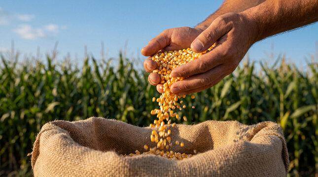 Farmer's hands gently pour golden corn kernels into a rustic burlap sack in a sunny cornfield, symbolizing harvest and agriculture