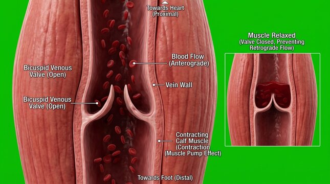 Detailed anatomical illustration of venous valve bicuspid structure in human leg cross-section
