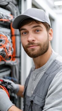 Male technician with beard wearing gray cap and work gloves inspects server cables in a data center, with organized wiring and equipment visible in the background