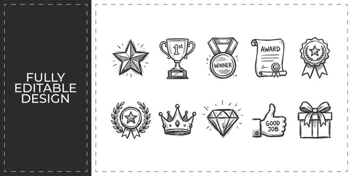 Achievement and recognition awards hand drawn icons set featuring trophies medals and stars for school competition and employee performance rewards programs design