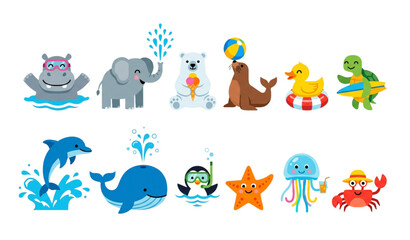 Flat Geometric Summer Water Animals with Pool Accessories Vector Character Set © Rasadul