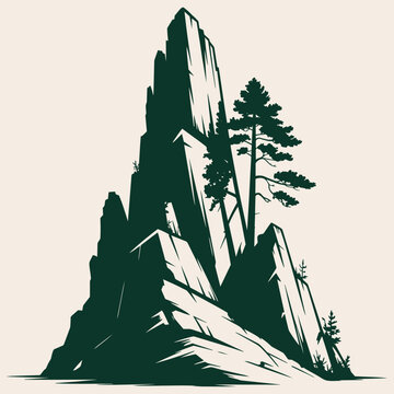 Rocky mountain peak with pine trees, minimalist green silhouette of craggy cliffs for outdoor adventure and wilderness themes and art and national