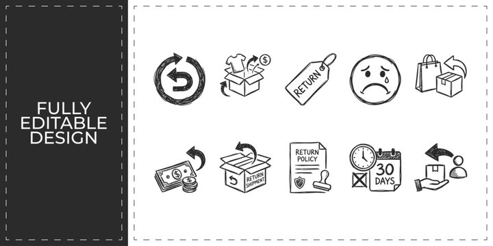 E-commerce returns and logistics service hand drawn icons set featuring shopping bags boxes and customer support for digital retail and shipping business graphics