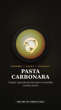 Pasta carbonara recipe presentation with golden spaghetti and ingredients. Clean minimalist 2D motion graphics template with text overlays on beige background. 