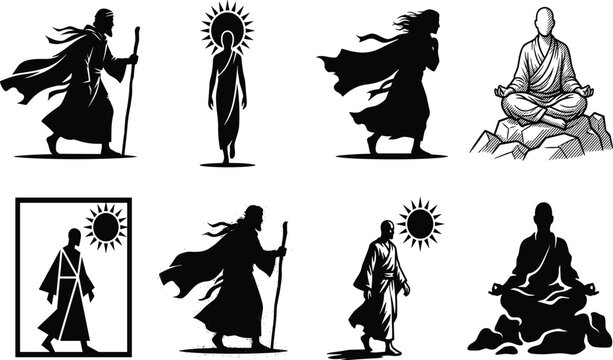 Spiritual monk and prophet silhouette set showing meditation enlightenment and religious pilgrimage concepts