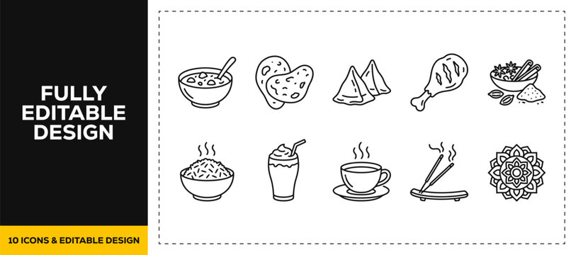 flat vector illustration line art icon bundle set design showcasing traditional indian cuisine spicy curry bowls tasty samosas authentic meals and oriental restaurant menus ui