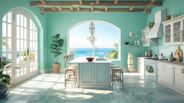 Mediterranean Kitchen with soft aqua walls, evoking a sense of tranquility with large window sea view 