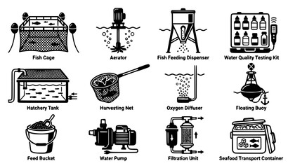 Aquaculture and Fish Farming Equipment Icon Set featuring Hatchery Tank, Aerator, Harvesting Net, Water Pump, and Seafood Logistics Supply Elements Vector © MdShagarAli